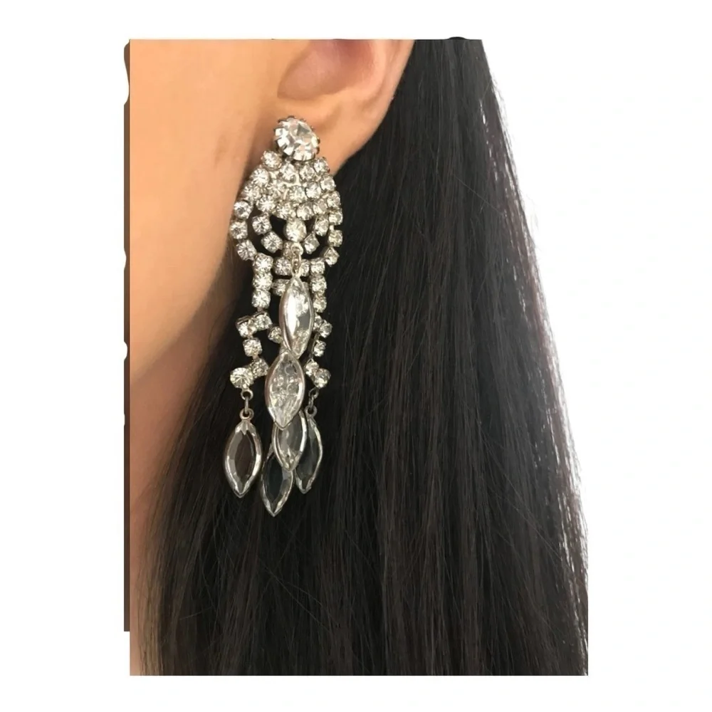 Stunning 1950’s Vintage Navette Crystal Rhinestone Chandelier Earrings.
